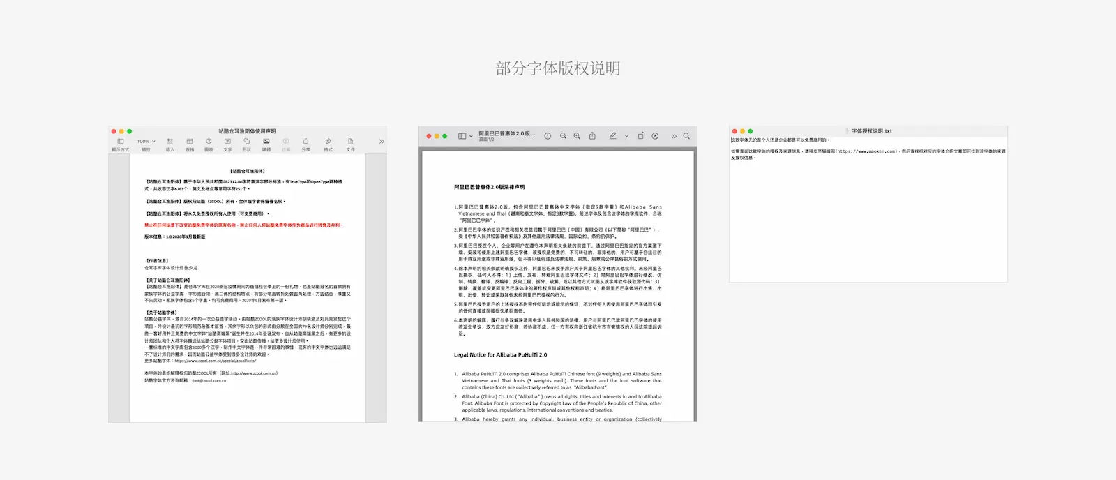 字体的官方授权声明截图