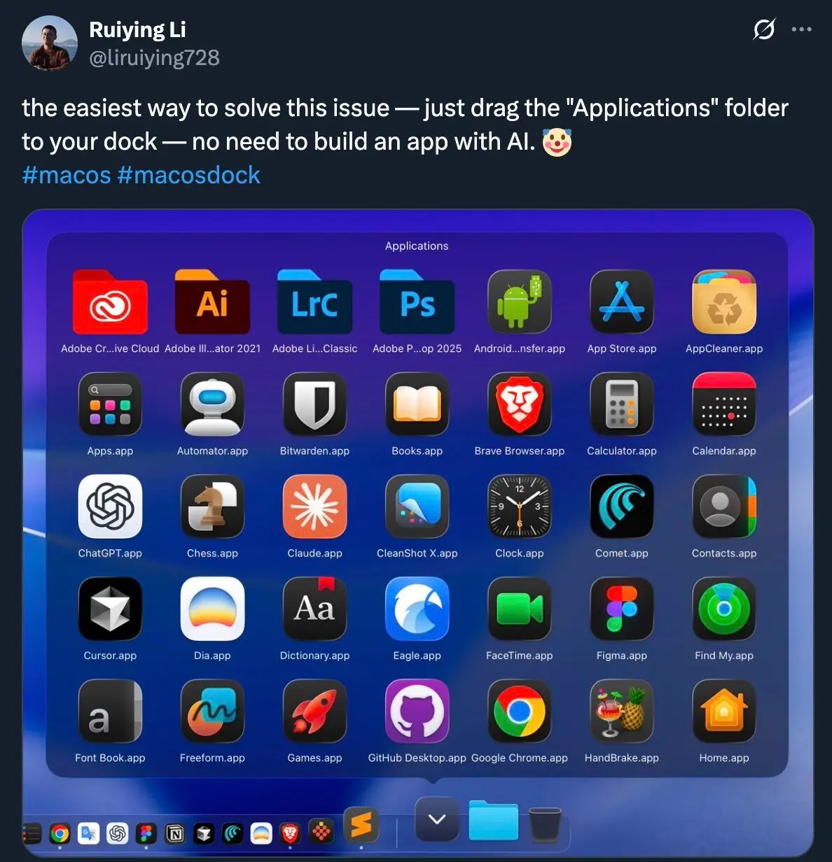 通过 Dock 栏直接访问「Applications」文件夹模拟 Launchpad